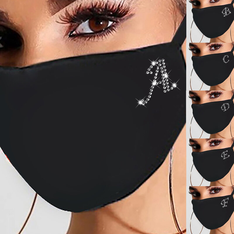 Las mujeres de diamantes de imitación máscara reutilizable al aire libre ejercicio transpirable moda máscara cortaviento carta elemento patrón a prueba de polvo máscara de algodón
