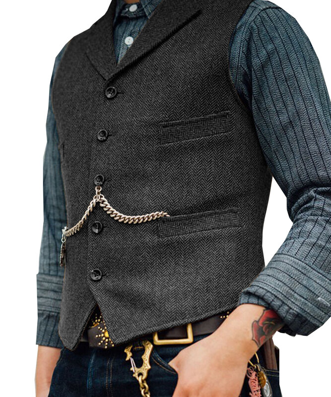 Colete de lã masculino Tweed, colete casual slim fit, jaqueta de casamento marrom, groosmen, gilet