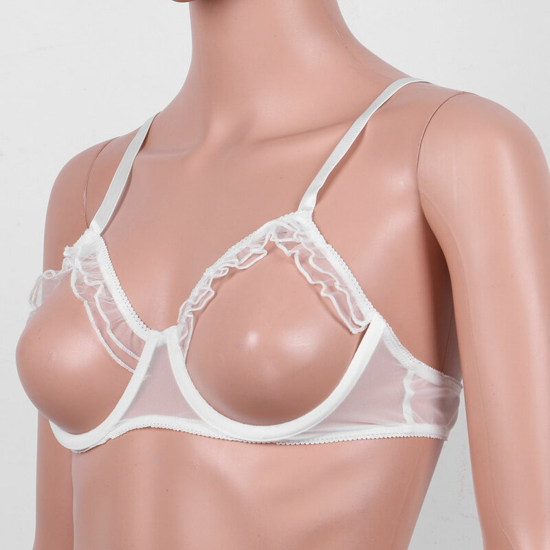 Womens Open Cup Bras See Through Mesh Sexy Lingerie Adjustable Straps Bare Breast Ruffles Push Up Underwired Erotic Bra Tops