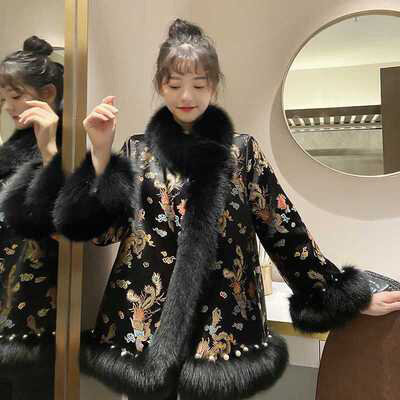Новинка 2021, модная накидка в китайском стиле, атласная Женская одежда средней длины из искусственного меха лисы, с мехом