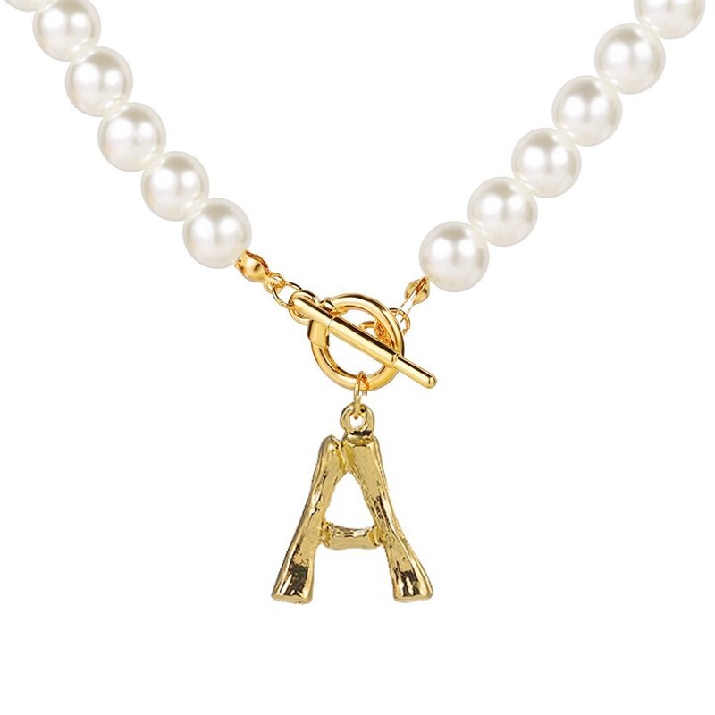 Simulated Pearl Necklace For Women Statement Jewelry Name Gold Color Bamboo English Initial Letter Pendants Toggle Chian