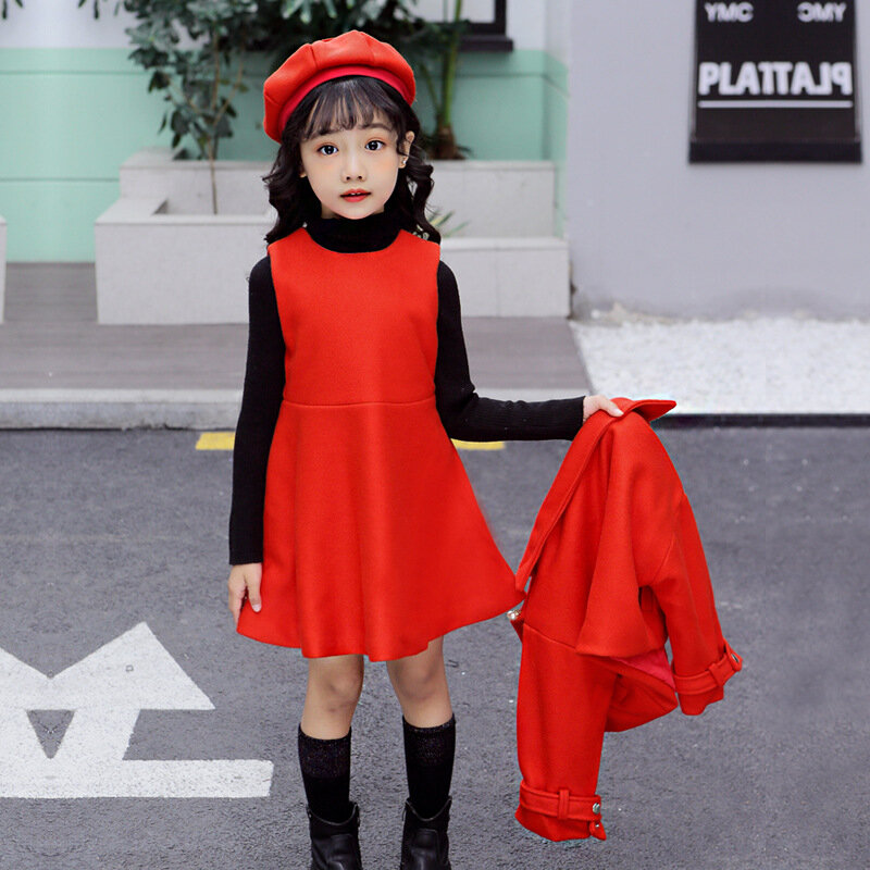 여자 정장 코트 + 드레스 + 모자 면 3 개/세트, 따뜻한 겨울 가을 두꺼운 십대 따뜻한 아이 야외 어린이 의류, 2021