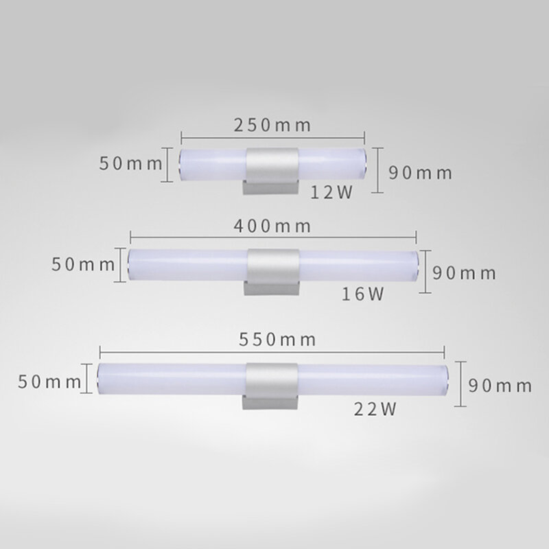 Lâmpadas de parede LED impermeáveis para banheiro, luz espelhada, tubo moderno, 12W, 16W, 22W, AC85-265V