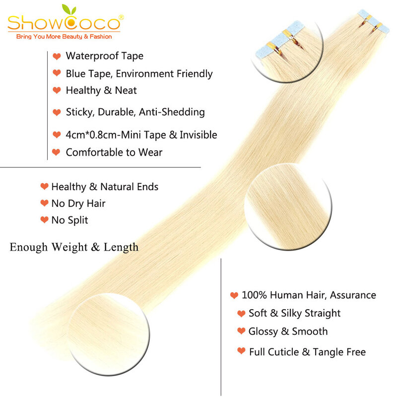 ShowCoco-Tape em extensões de cabelo humano, 100% cabelo humano, substituível, adesivo, 12 "-24", 20 pcs, 40pcs