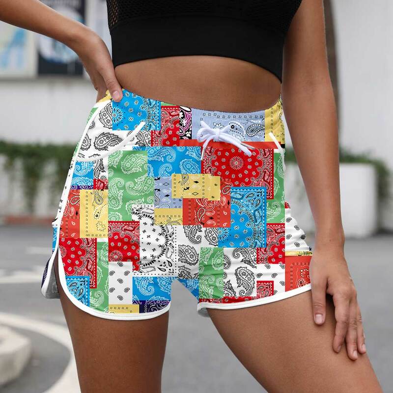 Frauen Neue Mode 3D Print Shorts Sommer Strand Lose Kordelzug Taille Shorts Casual Midi Taille Patchwork Kurze Hosen XL