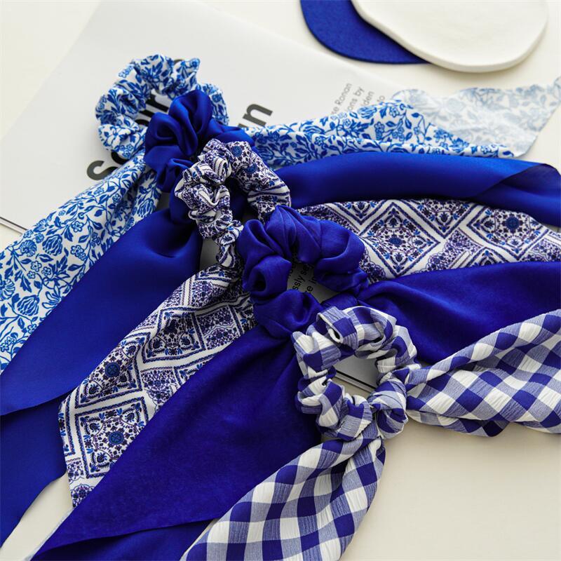 Chouchous avec nœud bleu pour femmes, foulard de queue de cheval, bande élastique douce, accessoires de cheveux pour filles