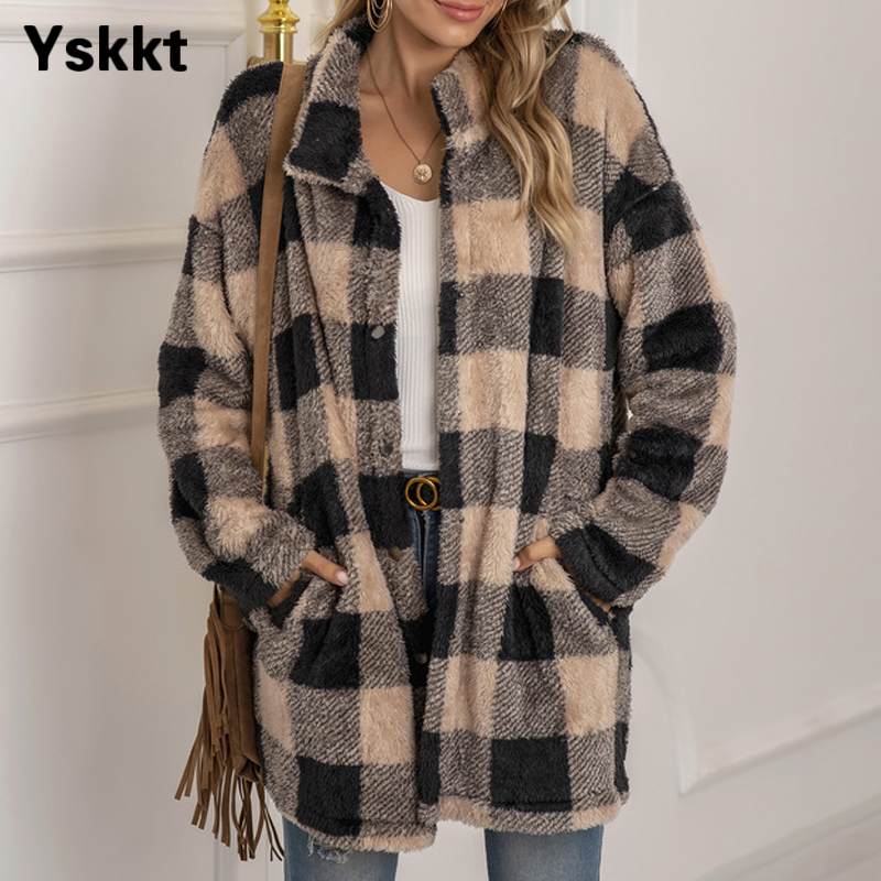 Kurtka zimowa damska płaszcz moda nieformalny kolor kontrastowy Plaid jednorzędowy kardigan płaszcze ciepłe typu Oversize kurtki płaszcz