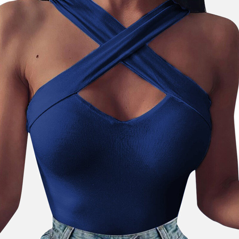 2020 letnia seksowna bluzka plażowa kobiety pusty jednolity bez rękawów codzienne bluzki kobiece moda Streetwear Backless krzyż bluzki damskie