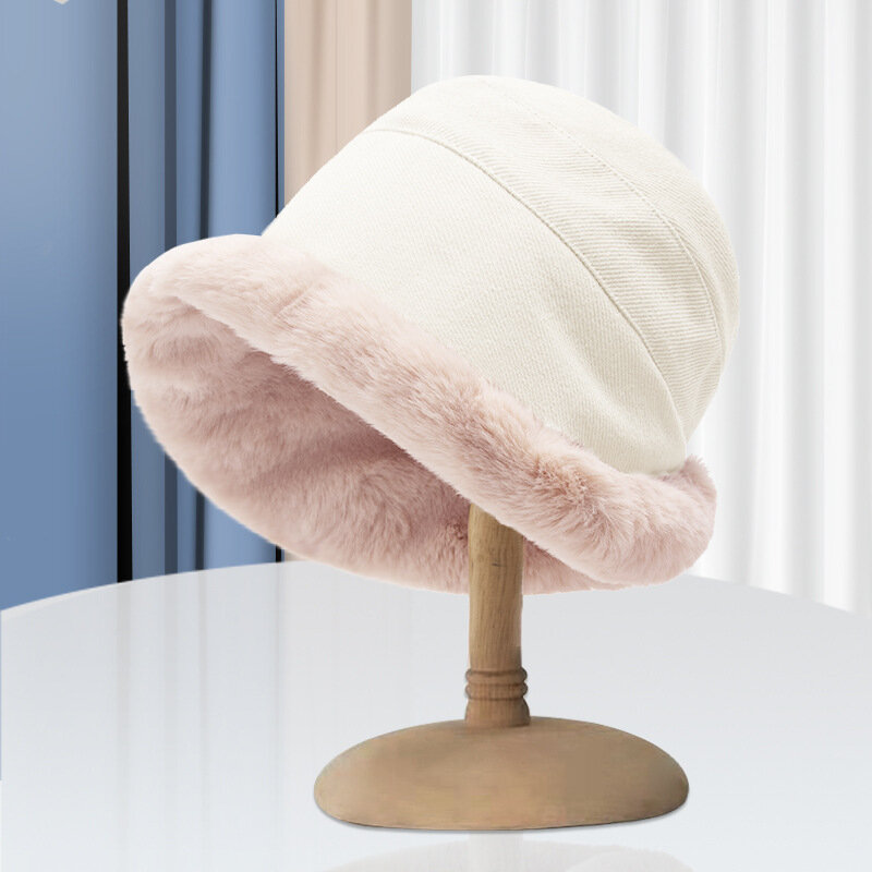 Winter Plus Velvet Lamb Hair Female Bucket Hat Street Shooting Casual Wide Brim Warm Plush Pot Hat for Internet Celebrities