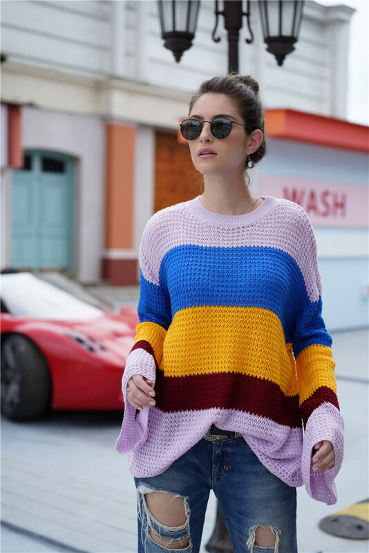 Women Streetwear Knitted Striped Ladies Sweater Elegant Jumper Long Sleeve O-neck Pullover Tops Autumn Sweaters