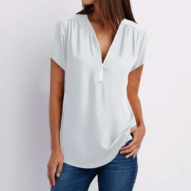 Blusa de verano para mujer, camisa informal con cremallera y cuello en V, Color liso, Color blanco y negro
