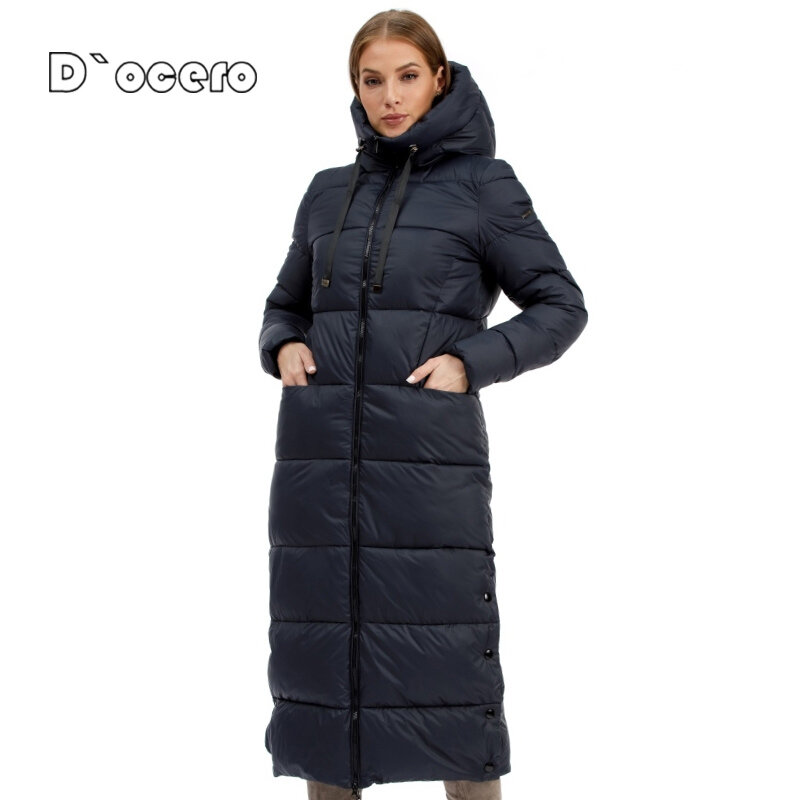 D'OCERO 2022ผู้หญิงฤดูหนาวหนา Hooded Parkas เข่ายาวเบาะ Quilted เสื้อ Oversize เสื้อแจ็คเก็ต Windproof หญิง Outerwear