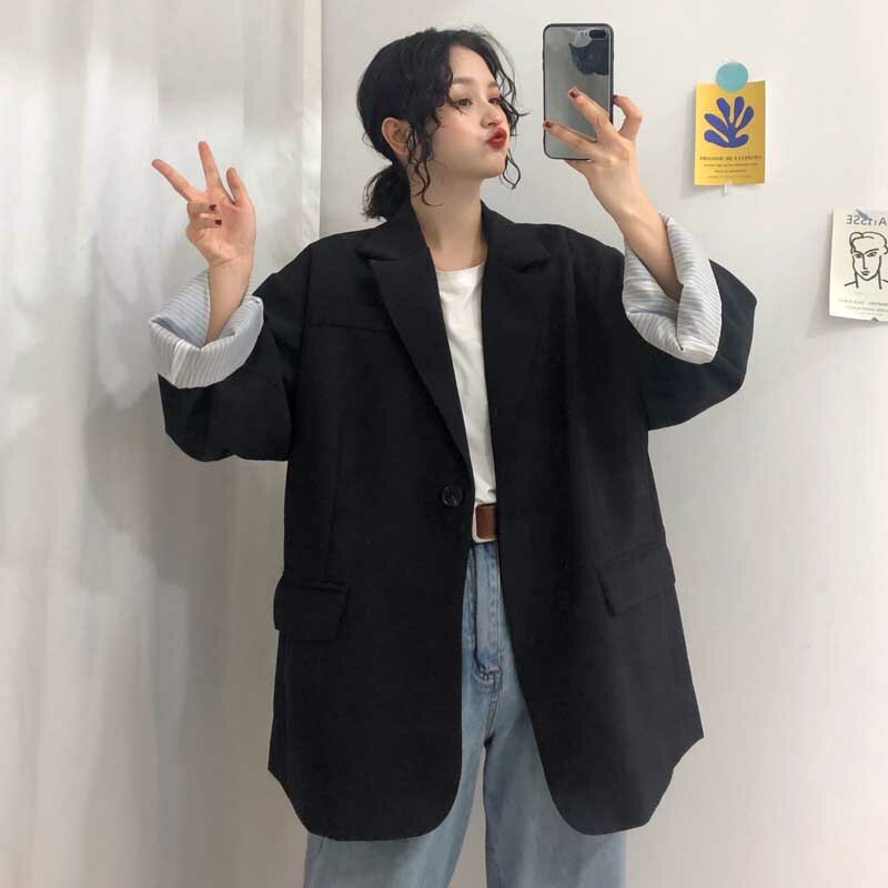 한국어 2020 봄 패션 여성 블레 이저 긴 소매 캐주얼 느슨한 Preppy 스타일 싱글 버튼 자켓 탑 여성 코트 특대