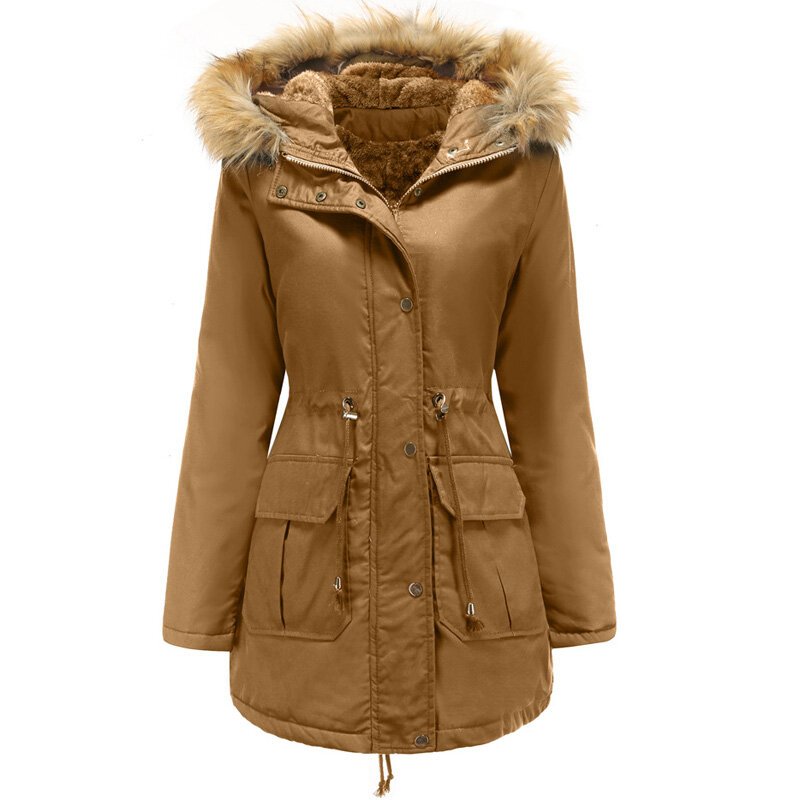 Chaqueta de algodón de felpa con capucha para mujer, abrigo grueso y grueso de piel de mapache, largo y holgado, para invierno, 2021