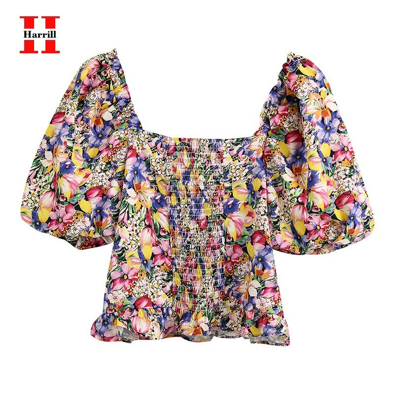 Женская блузка с открытой спиной, с v-образным вырезом и цветочным принтом, укороченный топ, женские летние блузки с пышными рукавами, улична...