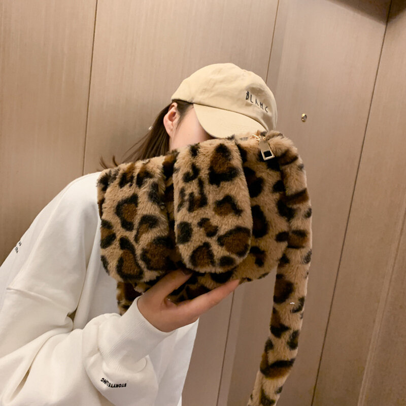 Leopard Print Faux Fur Women Shoulder Bag With Rabbit Ears Soft Winter Cute Plush Hand Bags For Women Fluffy Crossbody Bag Sac