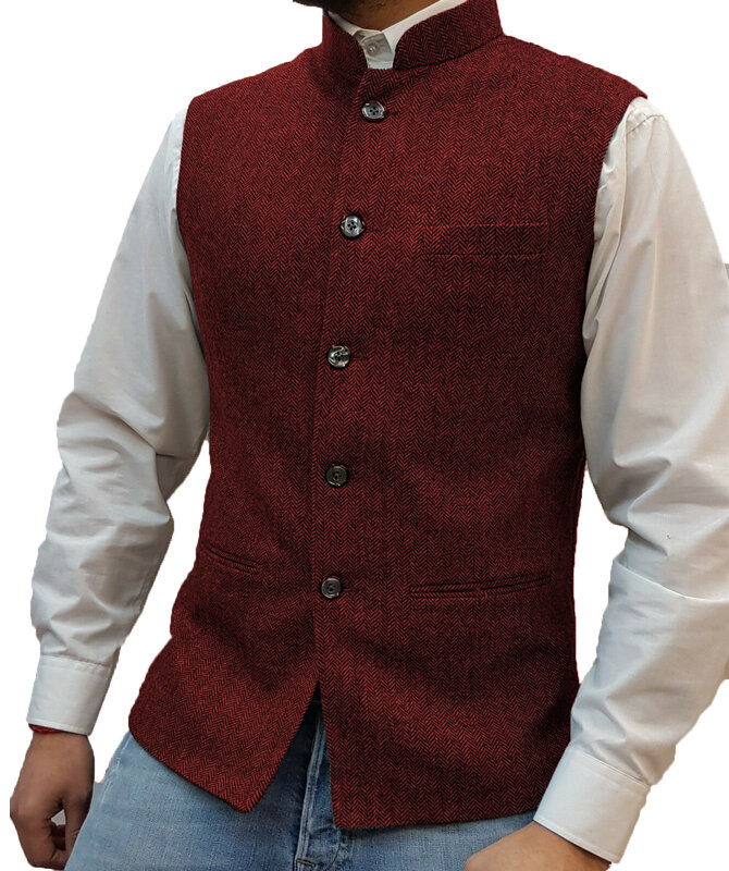 Chinese Style Stand Collar Formal Tweed Waistcoat/Vest Wool Herringbone Hight Quality Size Groom's Wear  Business
