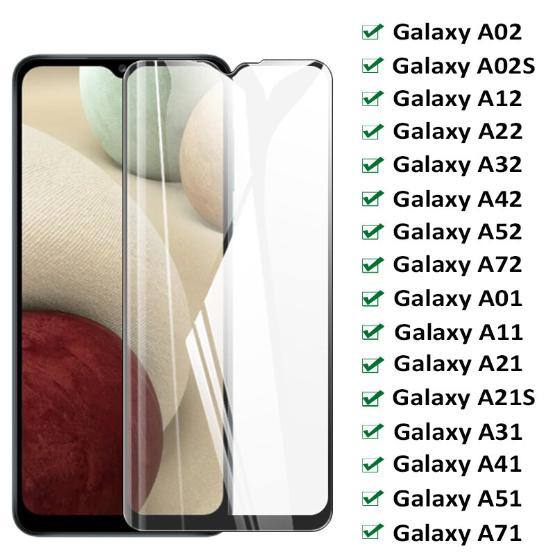 9D ป้องกันสำหรับ Samsung Galaxy A12 A02S A22 A32 A53 A73 A52 A72กระจกนิรภัยสำหรับ Samsung A01 A11 a21S A31 A51 A71ฟิล์ม