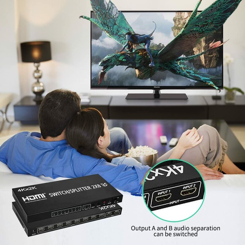 Divisor HDMI Full HD 4K, conmutador de vídeo HDMI 2x8 Split 2 in 8 Out, pantalla Dual para DVD, PS3, Xbox con alimentación (tipo 1) (2x8) (2x8)
