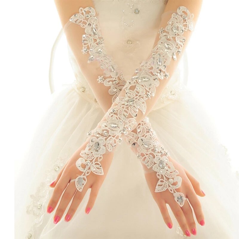 Guantes largos de encaje para vestido de novia para mujer, bordado de gasa de diamantes de cristal, elegantes, venta al por mayor, precio barato