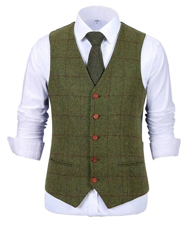 Men's Army Green Vest Plaid Soft Wool Brown Jacket Casual Gentleman Tweed Business Waistcoat For Groosmen Best Man For Wedding