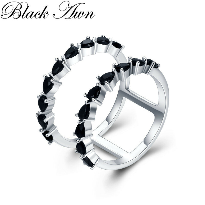 Baru hiperbole 925 perak murni perhiasan halus pertunangan trendi Bague hitam Spinel daun wanita cincin pernikahan Bijoux Femme G002