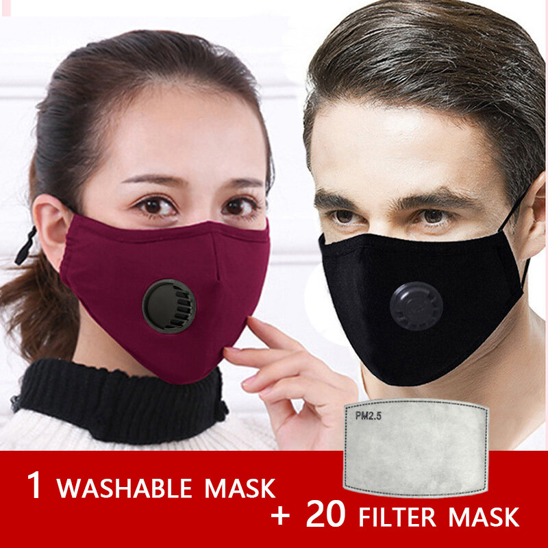 Masker Debu Dapat Dicuci Gaya Katun dengan Katup Pernapasan Diaktifkan Pasang Kartu Di Pm2.5 Masker Filter Pelindung Mulut Wajah Antivirus