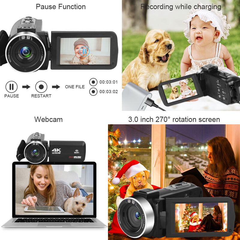 Videocámara 4K con Zoom Digital 18X, cámara con luz de relleno integrada, pantalla táctil, transmisión en vivo para Youtube, Vlog, Webcam