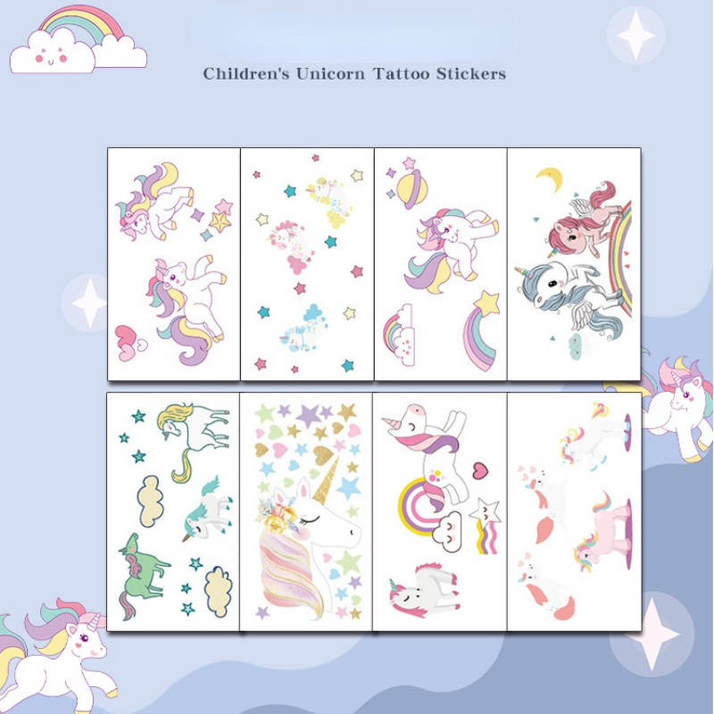 Pegatinas de tatuaje de unicornio de Anime para niños, muñeca linda, fiesta de cumpleaños, arcoíris, Pony, pegatina impermeable, juguete de Navidad, 10 Uds.