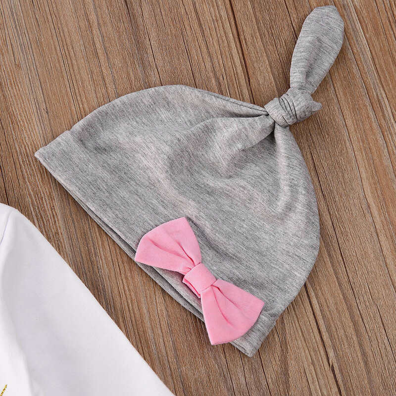 4Pcs Newborn Infant Baby Girl Clothes Sweet Romper Pants Leggings Bow Floral Flower Headband Hat Cap Outfit Set