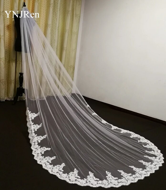 Echtes Foto eine Schichten Hochzeits schleier weiß/Elfenbein Spitze Applikationen 3m Braut schleier benutzer definierte Schleier mit Kamm