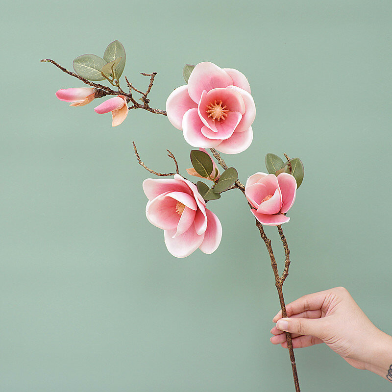Flor de seda Artificial de Magnolia grande de lujo, rama larga, sala de estar, decoración del hogar, arreglo de boda, orquídea blanca de otoño, planta falsa