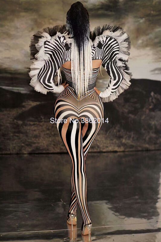 New Fashion Zebra Pattern Jumpsuit Women Singer Sexy Stage Outfit Bar DS Dance Cosplay Bodysuit Performance Show Costume