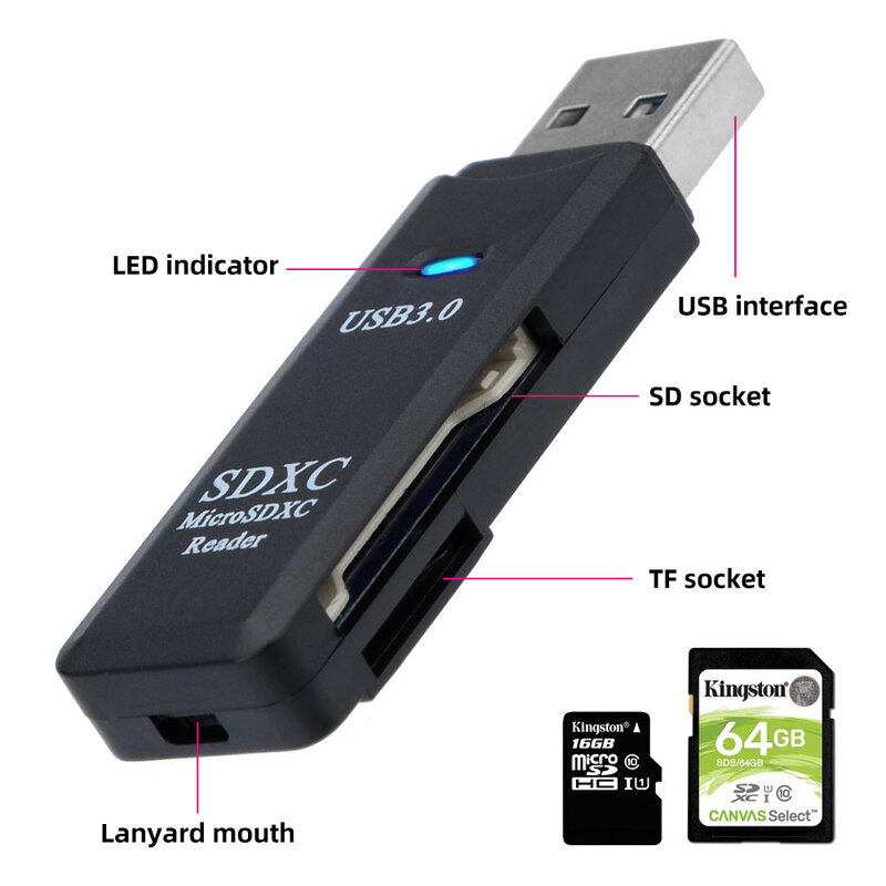 Lettore di schede 2 IN 1 USB 3.0 Micro SD TF Card Memory Reader adattatore per scrittore multi-card ad alta velocità Flash Drive accessori per Laptop