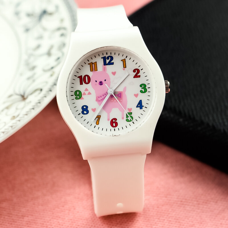 Droshipping-reloj analógico de silicona para mujer y niños, pulsera con esfera de Alpaca rosa, para estudiantes medianos, regalo