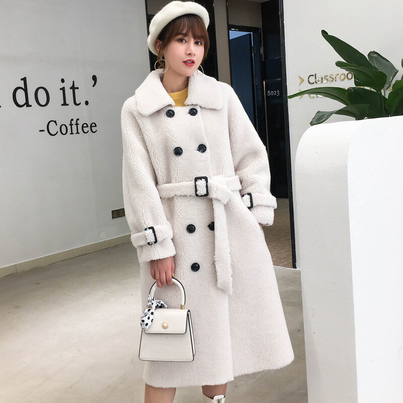 Autumn Winter Sheep Shearing Coat Women's Mid-length Particle Fleece Composite Wool Fur Coat Double Breasted Belt Warmth Jacket