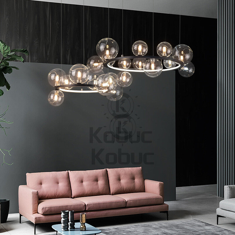 Kobuc الحديثة واضح/أبيض الزجاج فقاعة قلادة LED أضواء الذهب/الكروم/أسود غرفة المعيشة غرفة نوم حلقة مستديرة أضواء الثريا