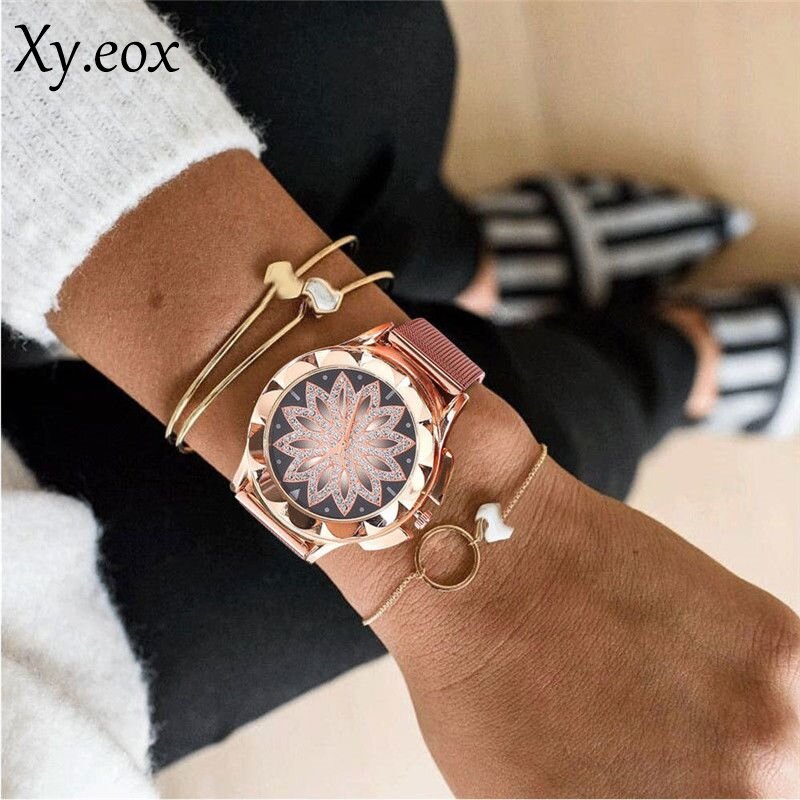 Rose Gold Crystal Flower Dial Stainless Steel Mesh Band Women Wrist Watch