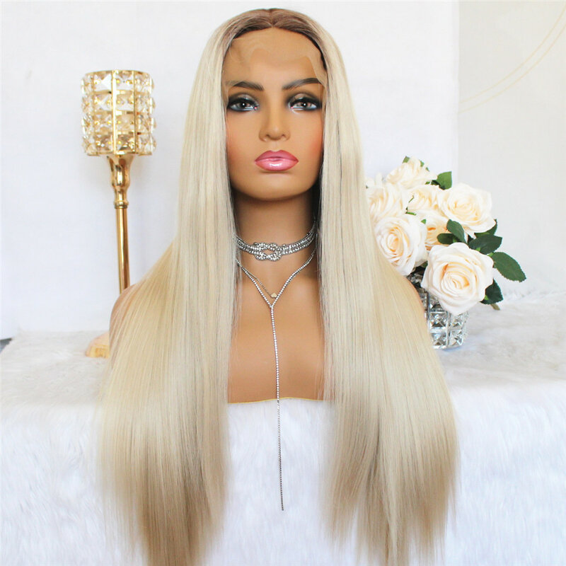 Ombre Blonde Lace Wigs Straight Synthetic Wigs for Women 22Inch T Part Wigs Pre Plucked Heat Resistant Fiber Daily Wigs