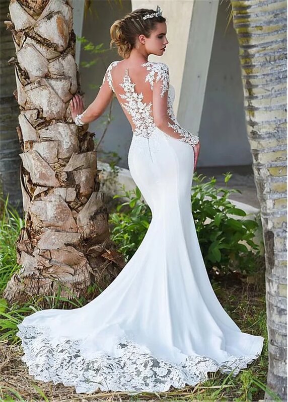 Elegant V-Neck Mermaid Wedding Dress For Women 2024 Long Sleeve Appliques Lace Court Train Backless Bridal Gown Vestido De Noiva