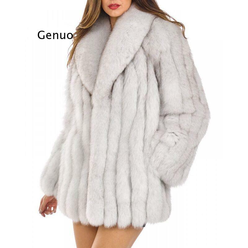 여성용 럭셔리 턴 다운 모피 칼라 인조 여우 모피 코트, 인조 모피 재킷, 두껍고 따뜻한 여성 의류, 겨울 2021