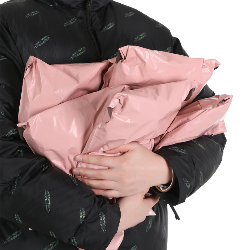 Saco plástico Inplustop-impermeável do correio do pe, malote autoadesivo do selo, sacos de envio, cor nova, rosa