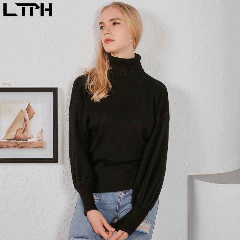 LTPH 2020 осень новое поступление простая повседневная однотонная зимняя одежда женские свитера водолазка вязаный свитер с рукавами-фонарикам...