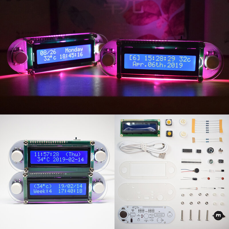 Efekt świec 1602 LCD Alarm wibracyjny zegarek DIY Kit czas temperatura data tydzień wielokolorowy ekran funkcyjny zestaw zegara cyfrowego