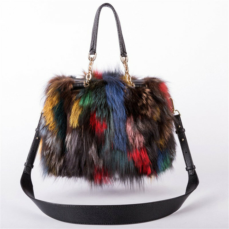Luxury Real Fox Pelz Leder Handtasche Frauen Mehrfarbige Handtaschen Marke Partei Schulter Tasche Designer Abend Taschen