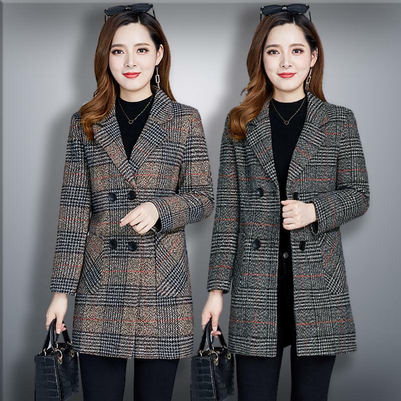 Casaco de lã misturado para mulheres, blusão para senhoras de meia idade, jaquetas xadrez, casacos para senhoras, outono e inverno, 2023
