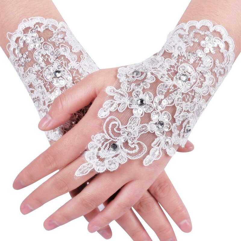 Koronkowe rękawiczki ślubne bez palców Rhinestone na wesele 2022