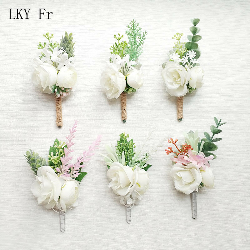 LKY Fr flores de Boutonniere alfileres de ramillete de boda blanco rosa novio ojal hombres boda testigo accesorios de matrimonio