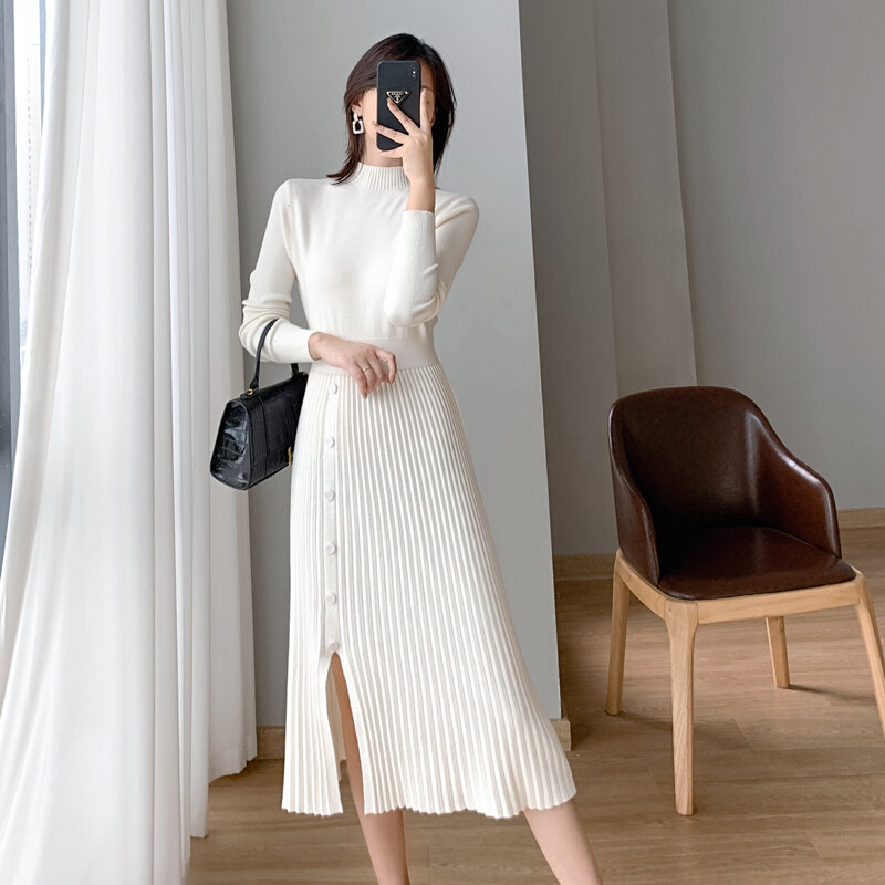 Hebe&Eos Elegant Knitted Dress Half High Collar Mid-calf Button Split Sweater Dress Female Korean Style Women Winter Dress Black