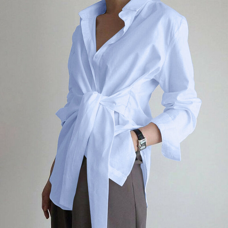 Moda damska z długim rękawem głębokie V neck Solid Color sznurowane biurowe bluzka dla pań damskie luźne, jesienne bluzki